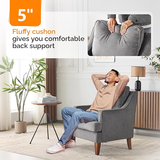 VINGLI Mid-Century Modern Accent Chair, Light Grey Upholstered Armchair Comfy - Image 5