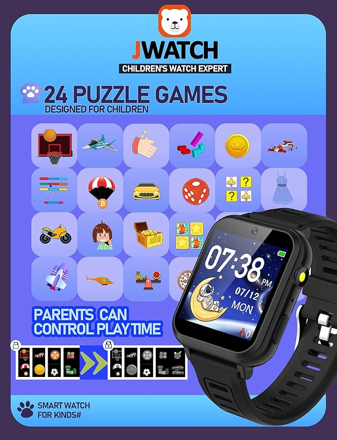 Kids Smart Watch for Boys Girls 6-12 with Pedometer Audio Book Camera Music Player Birthday (Black)…