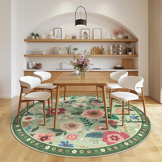 Floral 8ft Area Rug Machine Washable Soft Print Boho Carpet Non Slip Doormat Low Pile Flower Area Rugs for Living Room Bedroom Nursery Kitchen Dining Room Indoor-Light Green