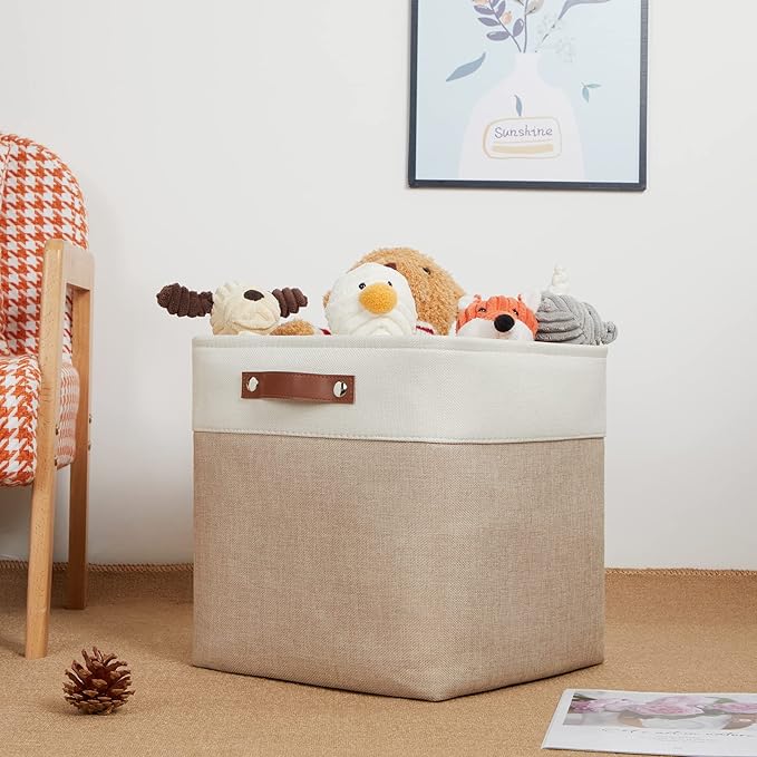 DULLEMELO Fabric Storage Cubes,13 inch Cube Stroage Bins for Empty Gift Basket,Toy Nursery Storage Linen Closet Organizers and Storage Baskets Shelves Bins(White&Khaki)