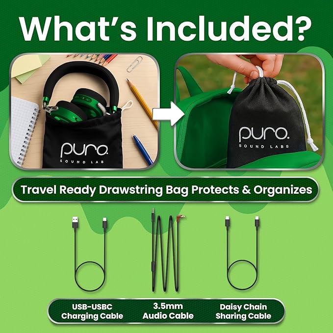 Puro Sound Labs JuniorJam Plus Volume-Limiting Wireless Bluetooth Headphones for Kids, Secure Audio with Adjustable On-Ear Design, 22-Hour Battery, Ideal for Tablets, Smartphones & PCs - Green