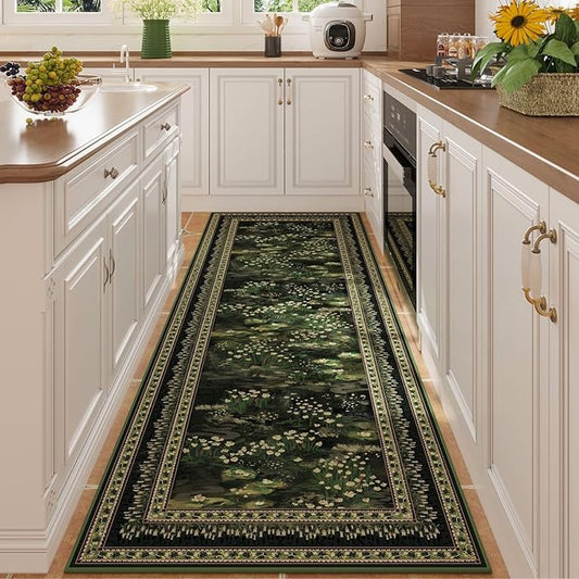 Runner Rug Impressionist-Style Vintage Kitchen Rugs Non Slip Washable Soft Carpet Runner for Kitchen Laundry Bedroom Bathroom, Green