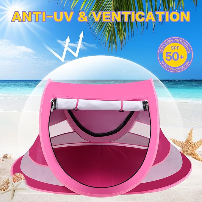 Baby Beach Tent with Baby Hat, Pop Up Toddler Travel Bed with Sun Hat for Boys or Girls, Sun Shade for Toddler Camping, Infant Portable Sun Shade, Summer Beach Baby