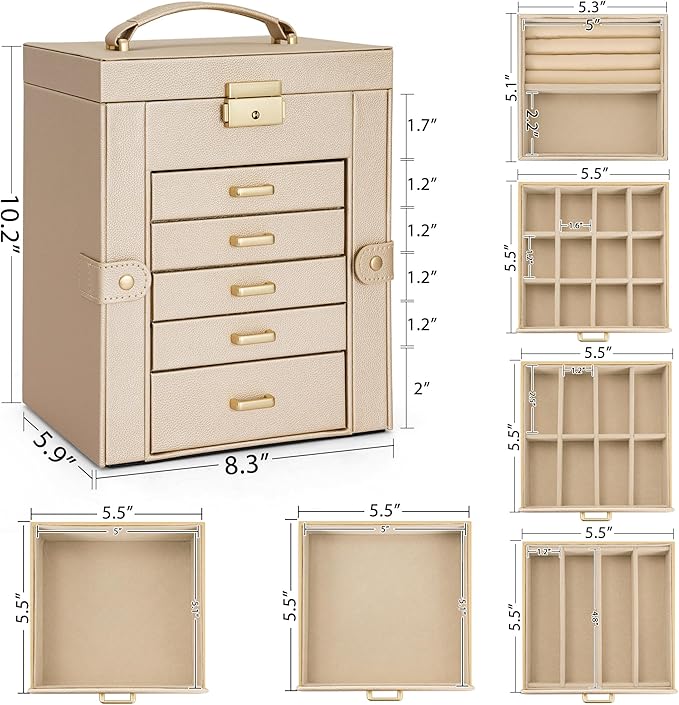 AKOZLIN 6-Tier Jewelry Box Lockable Leather Jewelry Storage Case with 5 Drawers for Women Girls Ring Necklace Earring Bracelet Holder Organizer with Mirror