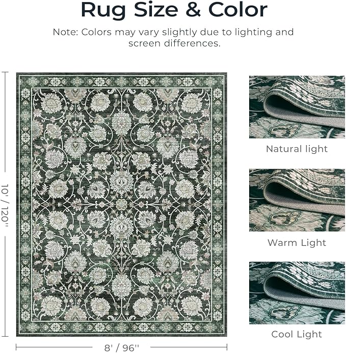Floral 8x10 Area Rugs for Living Room, Washable Large Bedroom Rug, Soft Non Slip Carpet, Stain Resistant Low Pile Carpets for Indoor Under Table Dining Home Office Nursery, Dark Green