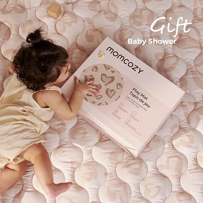 Momcozy Baby Play Mat for Floor, 50x50 Thickened Playpen Mat, Playmate for Baby Tummy Time, Waterproof & Non-Slip, Foldable Outdoor Mat with Carrying Handle, Leopard Heart