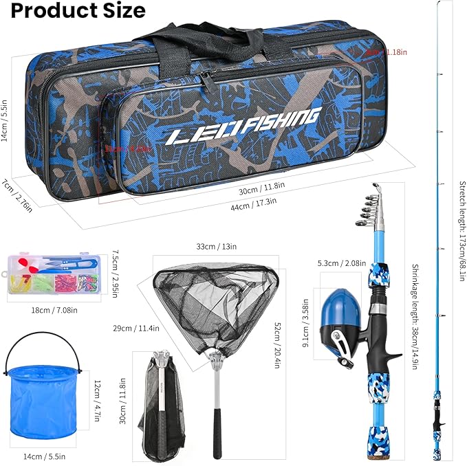 LEOFISHING 2 Set Kids Fishing Pole Set with Full Starter Kits Portable Telescopic Fishing Rod and Reel Cambos with All The Necessary Fishing Kits for Boys Girls and Youth