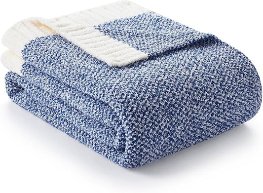 Snuggle Sac Royal Blue Blanket Twin Size for Bed and Sofa, Reversible Super Soft Blankets Warm Cozy Knit Blankets Fuzzy Plush Blankets, Heather Blue, 60x80 inches