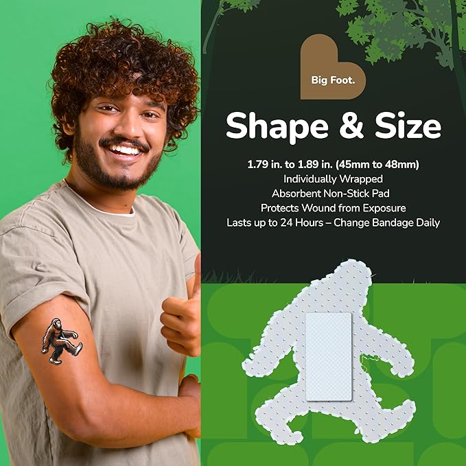 BioSwiss Bandages, Bigfoot Shaped Self Adhesive Bandage, Latex Free Wound Care, Fun First Aid Kit Supplies for Kids and Adults, 24 Count