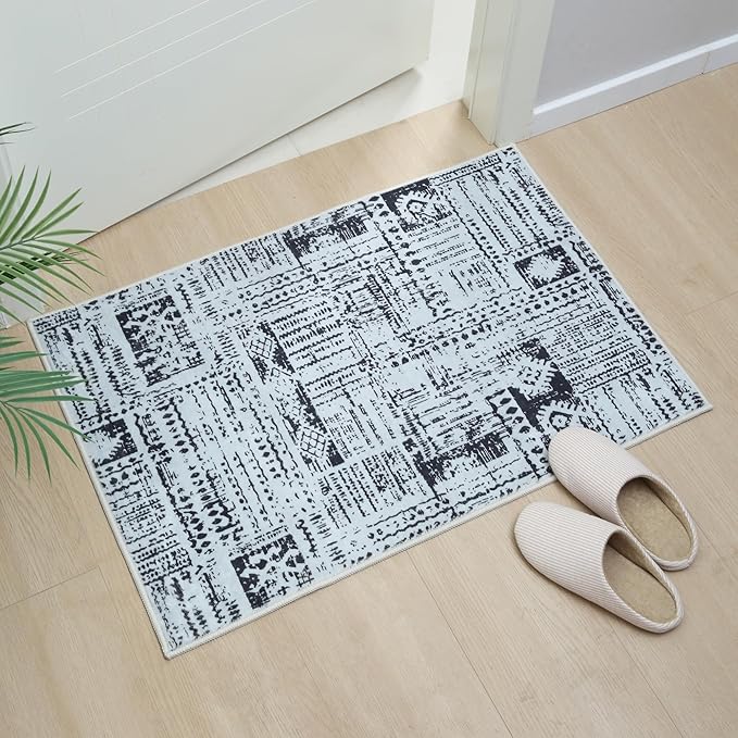 Door Mat Indoor Entrance 2x3 Rug Machine Washable Boho Moroccan Small Area Rug Non-Slip Low Pile Throw Rugs for Entryway, Kitchen, Front Door Indoor Entrance,Kids Room (Black and White)