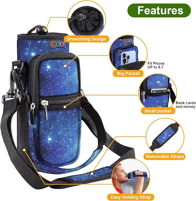 icolor Water Bottle Carrier Bag with Strap 25/32/40 oz Crossbody Bottle Holder with Phone Pocket Sling Sleeve Insulated Neoprene Water Bottle Pouch for Walking Travelling