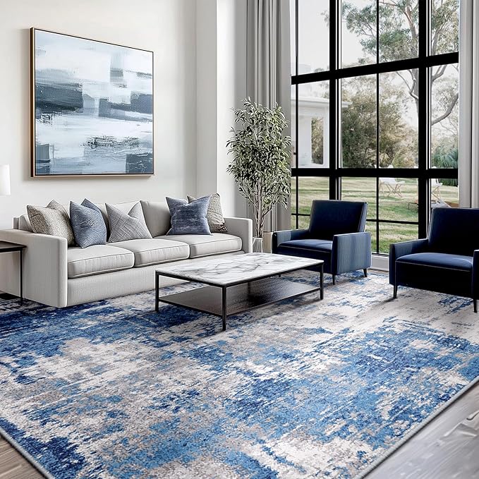 Washable Area Rugs 5'x7' Non-Slip Modern Abstract Soft for Living Room Entryway Bedroom Nursery, Print Pattern, Blue Grey Navy Gray