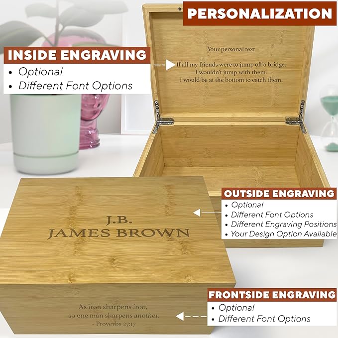 Personalized Wooden Keepsake Box with Hinged Lid, Unique Memory Box with Custom Message, Large Decorative Storage for Keepsakes, Romantic Couple Gift on Anniversary or Wedding, 11x8x4,75 in