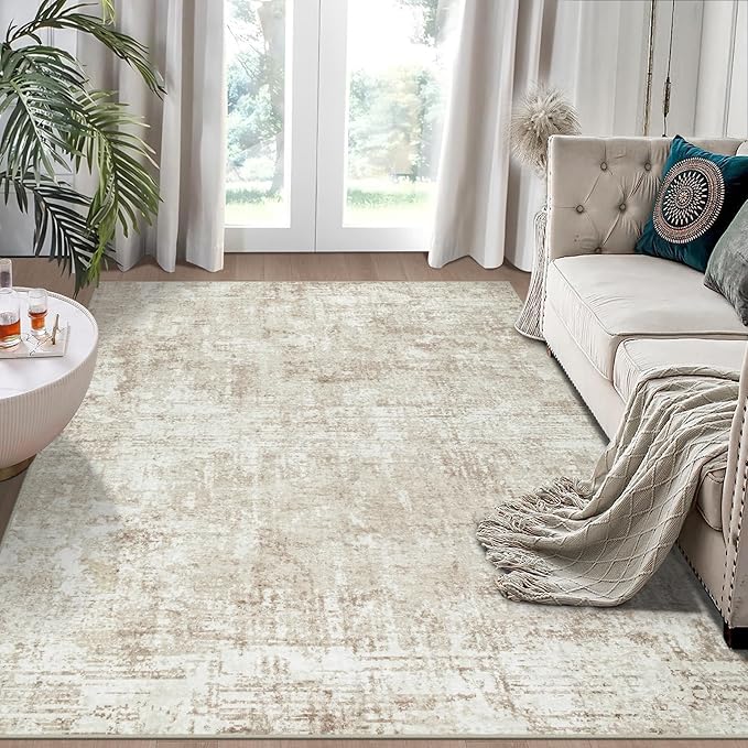 5x7 Area Rugs for Living Room Rug Washable: Modern Rug for Dining Room Bedroom Carpet Non Slip Low Pile 5 by 7 Indoor Abstract Nursery Home Office Beige