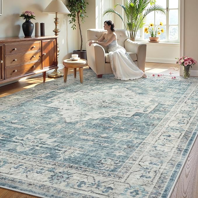 LIVEBOX Washable Area Rug 9x12 Rugs for Living Room Bedroom, Non-Slip Boho Indoor Carpet for Dining Room Office, Low-Pile Farmhouse Soft Carpets for Kids Nursery Room Playroom, Blue