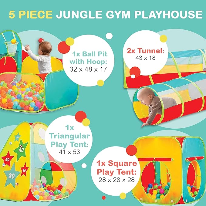 5pc Kids Play Tent for Toddlers with Ball Pit, Crawl Tunnel, Indoor & Outdoor Playhouse, Jungle Gym, Toys for Boys & Girls, Includes Dart Balls, Teepee & Basketball Hoops