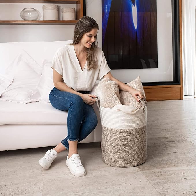 OrganiHaus Brown Toy Basket for Storage 15x18, Baby Laundry Basket, Throw Blanket Basket for Living Room, Large Woven Baskets for Storage, Tall Basket, Towel Basket & Blanket Holder for Bedroom