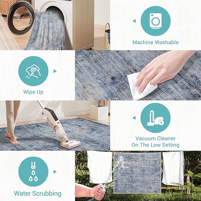 Runner Rug 2'6''x8' Kitchen Runner Rug: Modern Abstract Washable Area Rug with Non-Slip Backing, Thin Long Carpet Runner for Hallway, Bedroom, Laundry Room-Blue/Brown