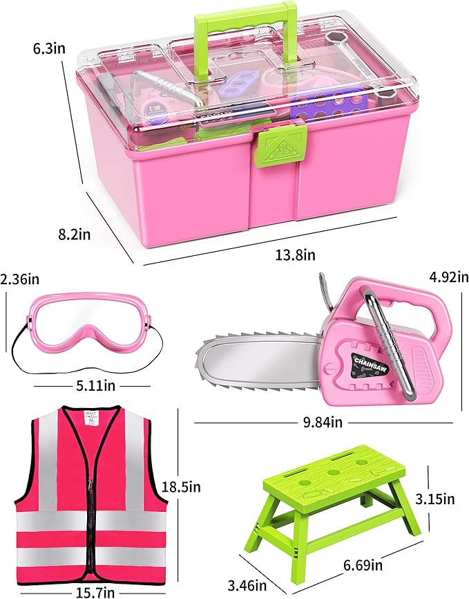 Deejoy 54Pcs Large Kids Tool Set with Electric Saw & Electronic Toy Drill, Pretend Play Kids Construction Set for Toddler 3-5 Years Old, Toddler Tool Set-Pink
