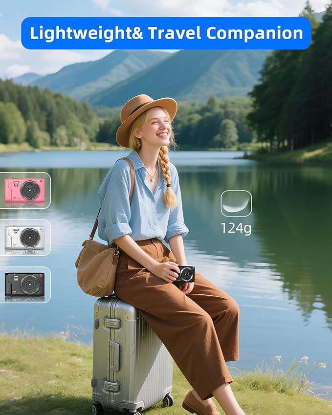 T TAKMLY Digital Camera 5K, Autofocus 16x Zoom 72MP Point and Shoot Cameras Compact Portable with Flash for Kids Boys Girls Teens Students, Anti Shake 2.8'' Screen, 64GB Card Include, White