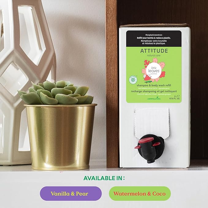 ATTITUDE Shampoo and Body Wash for Kids, EWG Verified Hair and Body Cleanser, Dermatologically Tested Soap, Plant and Mineral Based Bath Products, Vegan, Bulk Refill, Watermelon and Coco, 67.6 Fl Oz