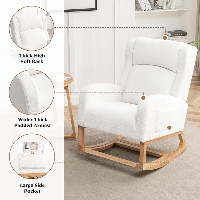Rocking Chair Nursery, Nursing Rocking Chairs for Mom Nursery, Comfy Wingback Glider Rocking Armchair with Foot Rest and Side Pocket for Nursery Living Room Bedroom, Teddy White
