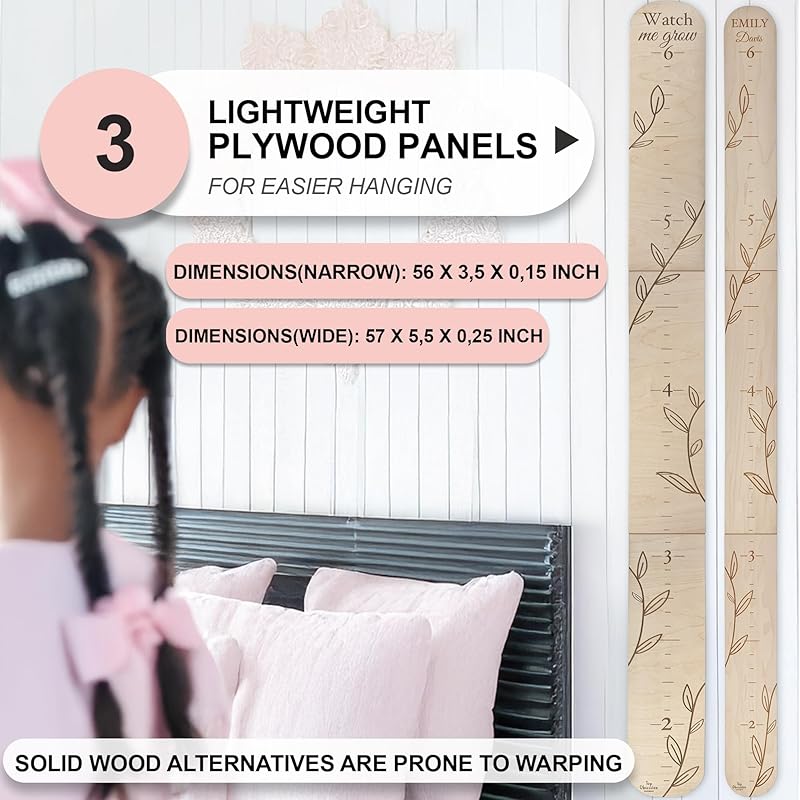 Personalized Wooden Growth Chart for Wall - Custom Name Kids Measurement Growth Chart for Girls, Child Height Measuring Chart Wooden, Baby Height Chart Wall Ruler Wood Wildlife Butterfly, 2 Sizes