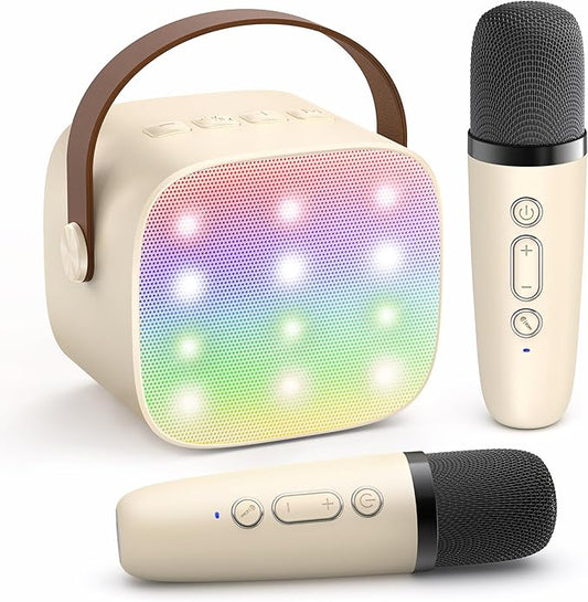 YLL Mini Karaoke Machine with 2 Wireless Microphones for Kids Adults, Portable Bluetooth Speaker Gift for Girls Toys 4, 5, 6, 7, 8, 10, 12+ Years Old Teens Birthday(Beige)