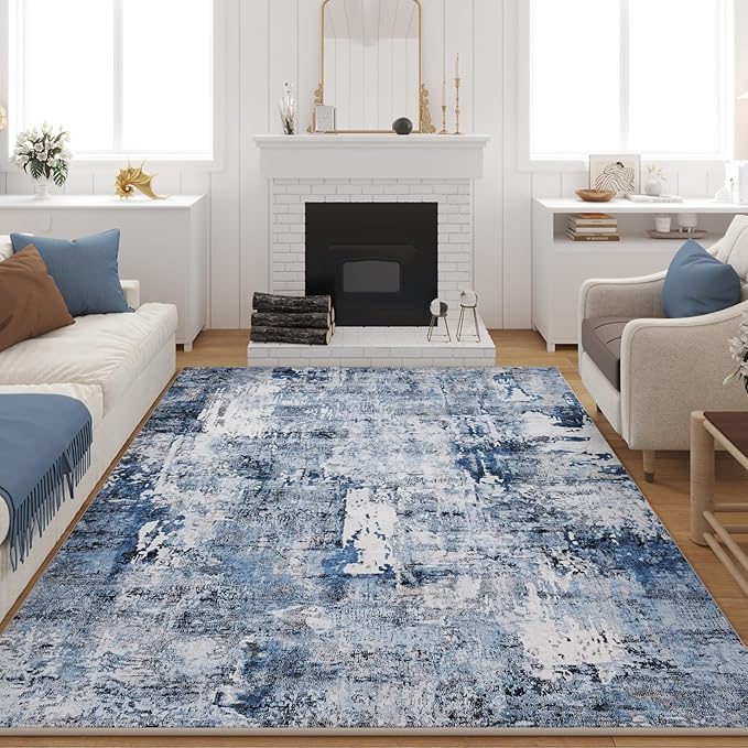 9x12 Rug Washable Boho Rug Soft Large Area Rug Non-Slip Non-Shedding Faux Wool Vintage Rug for Living Room, Farmhouse, Dining Room, Indoor, Kids Playroom, Blue