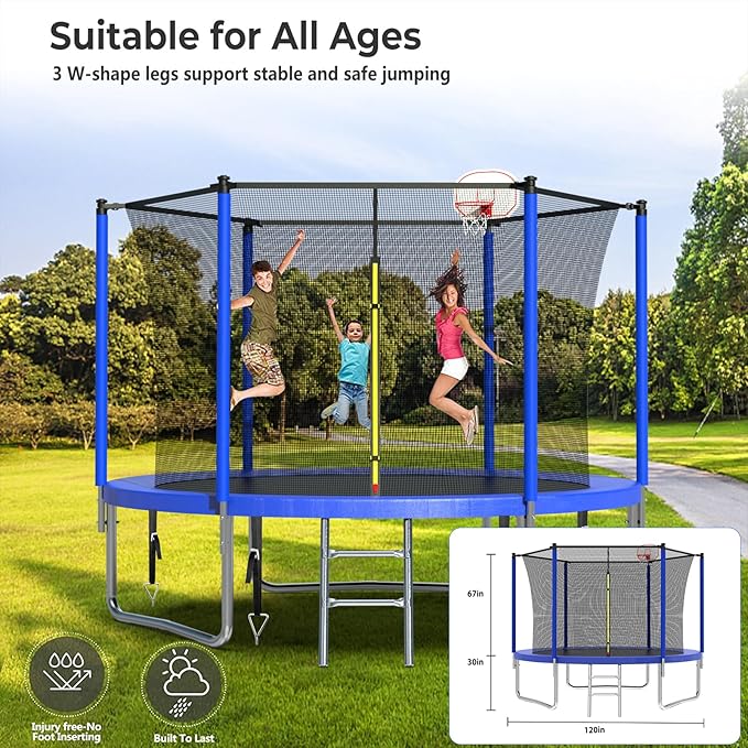 Upgraded 10/12/14/15/16FT Trampoline Outdoor, Large Kids Trampoline with Light, Stakes, Sprinkler, Backyard Trampoline with Basketball Hoop and Net, Capacity for 4-6 Kids and Adults
