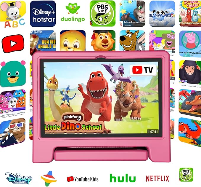 Tablet for Kids Age 3-12 10.1 inch Android 14 6000mAh 8GB RAM+64GB ROM(Expandable to 1TB Kids Tablet WiFi6 Google Kids Space Parental Control 1280 * 800 HD Screen (Pink)