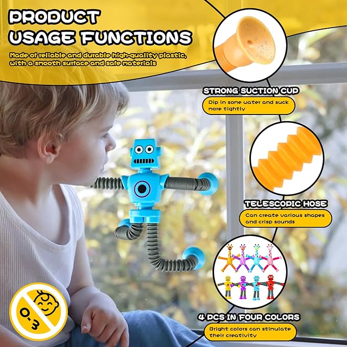 8pc Robot Giraffe Sensory Travel Toys for Toddlers Boy Ages 3 4 5 6 7 8, Airplane Activities Suction Autism Pop Tube Fidget Autistic Stocking Easter Basket Stuffer Valentine Gift for Kids