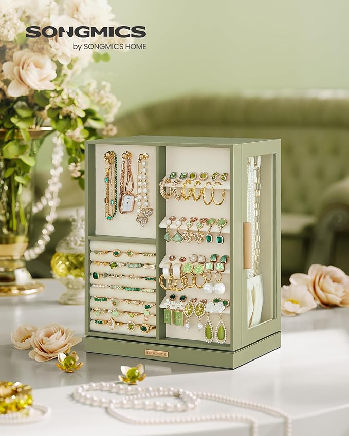 SONGMICS Jewelry Box 360° Rotating, Jewelry Storage Case with 5 Drawers, Jewelry Organizer, Glass Window, Spacious, Vertical Jewelry Storage, Open Design, Great Gift, Laurel Green UJBC170C02