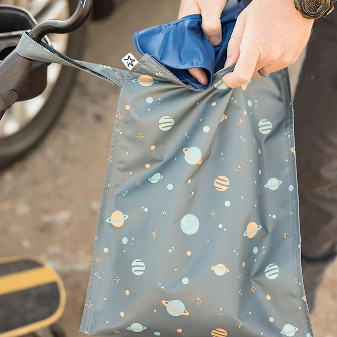 Tiny Twinkle Mess-Proof Waterproof Wet Dry Bag | 2-Pack Reusable Wet Bags for Swimsuits & Baby Clothes | Leakproof Wet Bag for Travel & Diaper Changes for Baby (Space, Ice Blue)