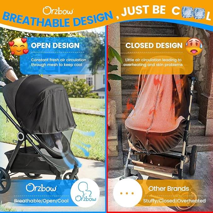 Orzbow 2-in-1 Baby Mosquito Net with UPF50+ Sunshade for Stroller, Breathable Stroller Mosquito Netting Privacy Cover with Two-Way Zipper & Storage Bag for Bassinet, Carrycot & Car Seat, Black