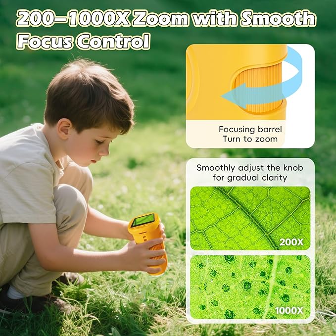 Microscope for Kids 1000X Digital, Handheld Kids Microscope HD Screen Video Record, Portable Miniscope STEM Toys, Birthday Gifts for 3 4 5 6 7 8-12 Year Old Boys Girls, 8GB TF Card Included