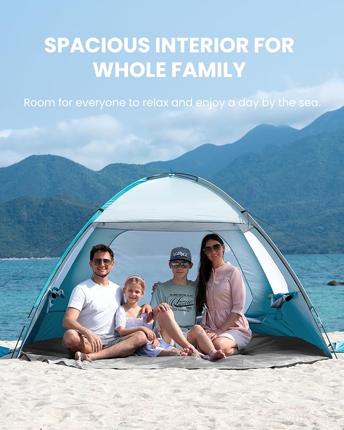 OutdoorMaster Beach Tent for 3/4 Person - Easy Setup Sun Shade Shelter, Portable Beach Shade Sun Canopy with UPF 50+ UV Protection, Removable Skylight Family Size