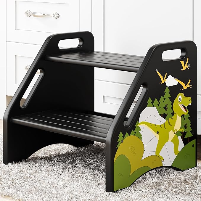 AMBIRD Toddler Step Stool, Dinosaur Wooden Two Step Stool for Kids with Non-Slip Pads, Portable Potty Training Stool with Handles for Bathroom, Sink, Kitchen, Bedroom