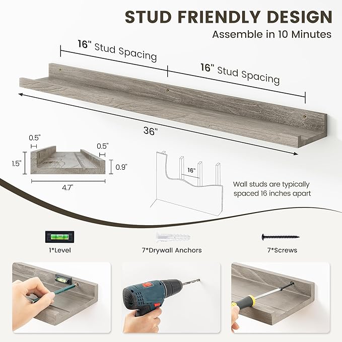 Fun Memories Picture Ledge Shelf, 36 Inch Floating Shelves for Wall, Nursery Bookshelf for Storage, Rustic Elm Wood Photo Ledge Shelves for Bedroom, Living Room, Kitchen (Grey, 36in Set of 2)