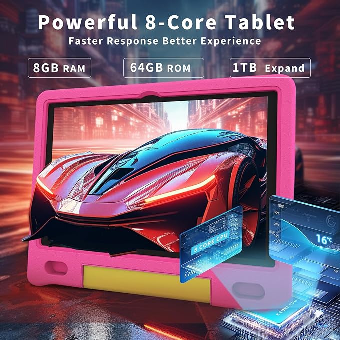 Kids Tablet with Strap, Android 14 Tablet for Kids 10 inch, Toddler Tablets Octa-Core 64GB 1TB Expandable, Children's Tablets with Case, Bluetooth WiFi Parental Control Dual