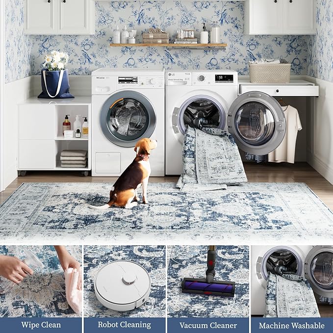 jinchan Long Hallway Runner Rug 2x12 Machine Washable Runner Rug Dark Blue Vintage Floral Design Non-Slip Ultra-Thin for Kitchen Laundry Room Bedroom Farmhouse (2‘x12',Dark Blue)