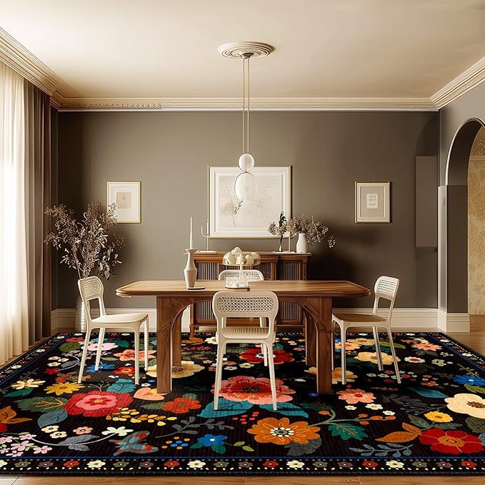 Floral 5x7 Area Rug Machine Washable Soft Print Boho Carpet Non Slip Doormat Low Pile Flower Area Rugs for Living Room Bedroom Nursery Kitchen Dining Room Indoor-Black