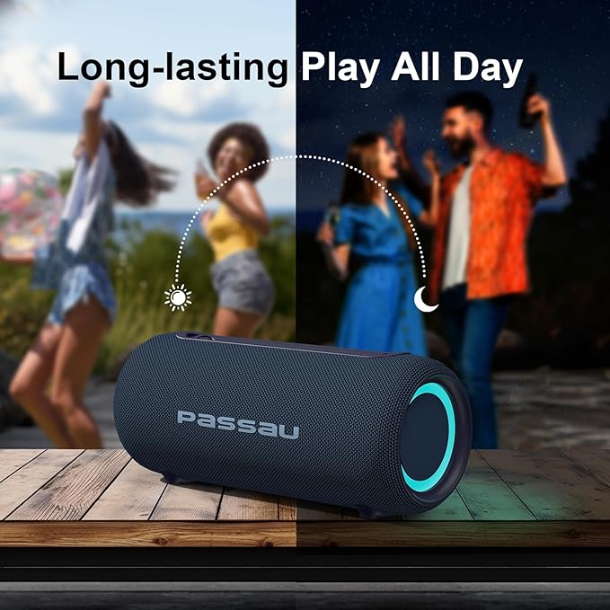 Passau Portable Bluetooth Speakers 40W Peak Loud Stereo Sound, Passive Radiators-Deep Bass, All Day Playtime, Adjustable Strap, BT5.3, IPX5 Wireless Speaker RGB Lights for Indoor Outdoor-Blue