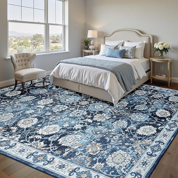 Floral 8x10 Area Rug for Living Room, Large Washable Blue Rugs, Soft Non Slip Carpets, Stain Resistant Low Pile Carpet for Indoor Dining Bedroom Under Table Home Office Nursery, Blues Garden
