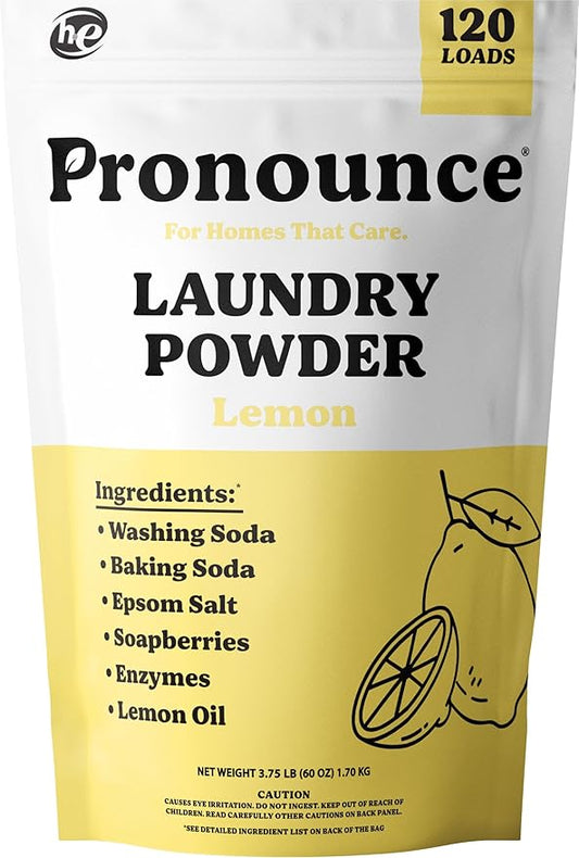 Pronounce Laundry Detergent Powder Alternative | Earth-Derived Ingredients, Eco-Friendly, Safer for Sensitive Skin, Eczema, and Babies. Stain + Smell Fighting. HE Safe (Lemon, 120 Loads).