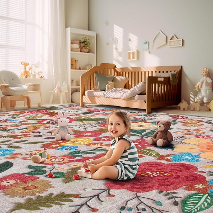 9x12 Area Rug for Living Room: Vintage Floral Washable Rug Soft Boho Non Slip Carpet Large Indoor Floor Non Shedding Low Pile Thin Carpets for Bedroom Dining Room Farmhouse Nursery Home Office Beige