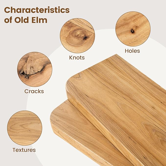 Rustic Elm Wood Floating Shelves for Wall, Round Edge 24"W x 9.2"D x 1.37"H, Set of 2 with Invisible Bracket, Wall Mounted Storage Shelves for Living Room Bedroom Kitchen Bathroom Decor, Natural