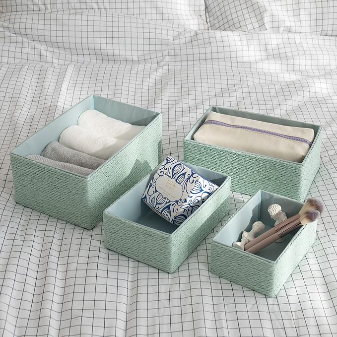 LA JOLIE MUSE Storage Baskets Set 4 - Stackable Woven Basket Paper Rope Bin, Storage Boxes for Makeup Closet Bathroom Bedroom (Light Green)