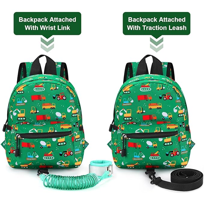 Accmor Toddler Backpack with Leash, Cute Baby Backpack with Anti Lost Wrist Link, Mini Kids Backpack Leash Walking Harness for Travel, Small Excavator Backpack Tether for Boys Girls Ages 1-3 (Green)