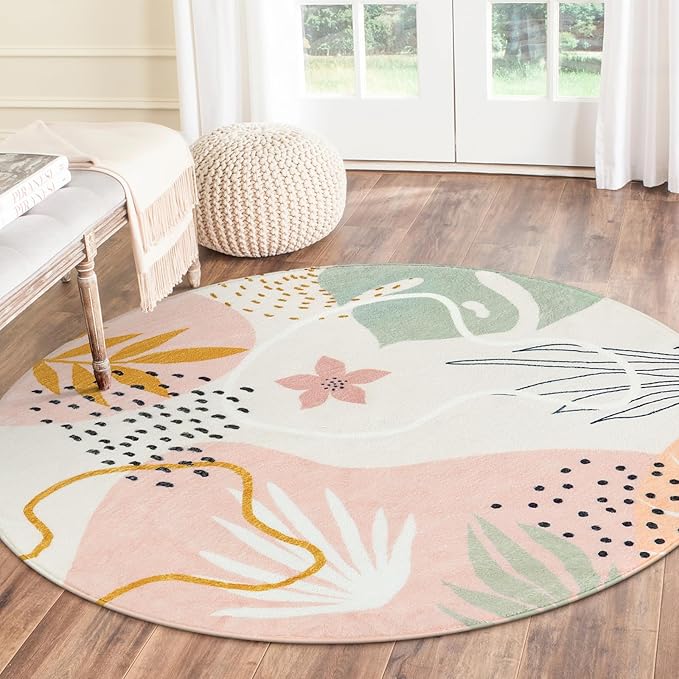 Lahome Pink Round Rugs 8Ft - Washable Boho Area Rug for Living Room Non-Slip Soft Ultra-Thin Large Round Rug Dining Room Rug, Botanical Print Floor Round Carpet for Bedroom Office Dorm (Pink, 8'x8')